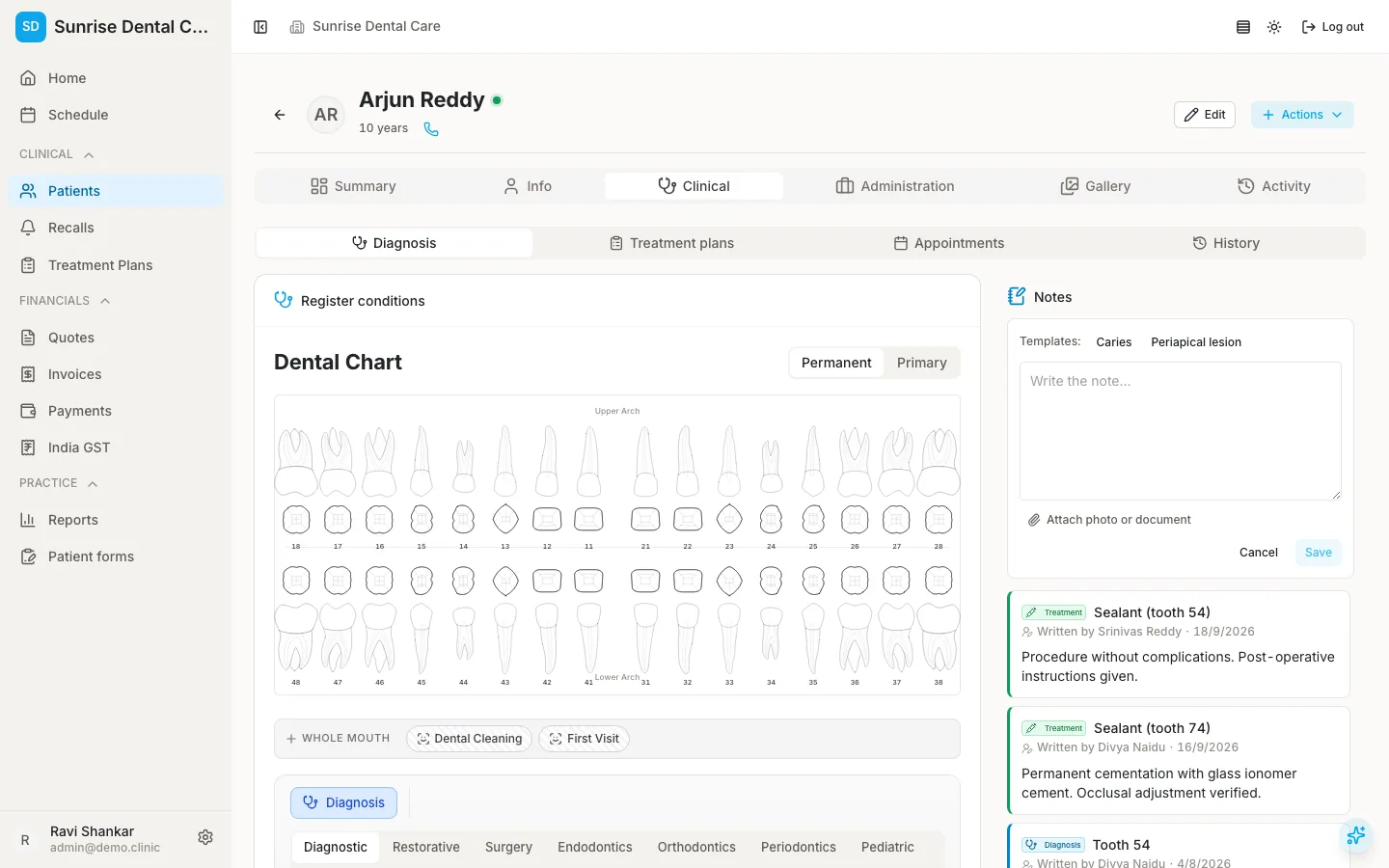 Interactive dental chart with treatment notes
