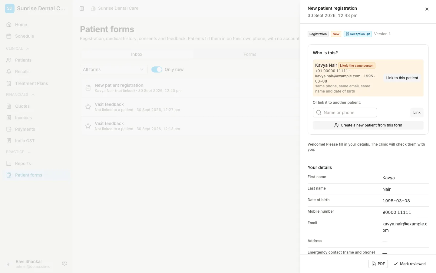 Reviewing a patient's registration with a possible duplicate highlighted
