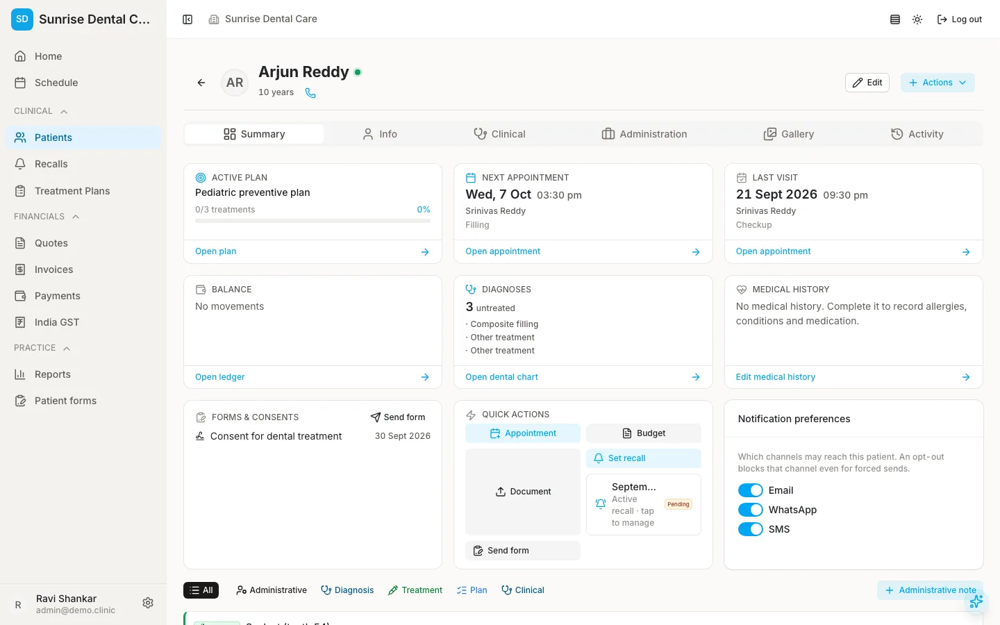 Patient summary with plan, appointments, balance, diagnoses and consents