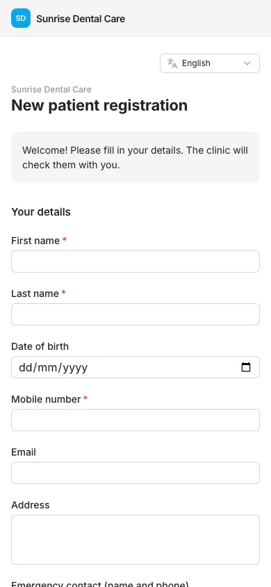 A patient filling in the registration form on a phone